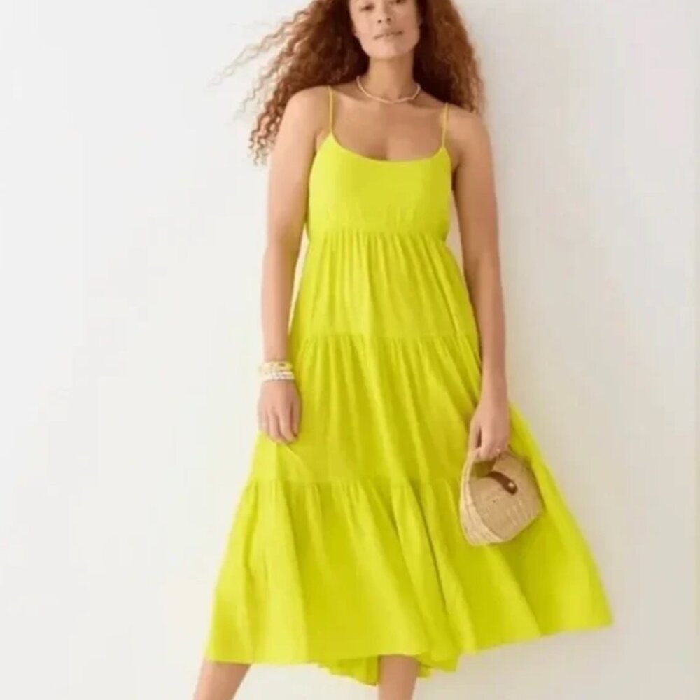 J. Crew Bow-Back Tiered Cotton Maxi Dress Soft Gauze Neon Yellow, Size Medium